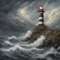 Leuchtturm an einem stürmischen Strand (Gemalt, High Detail)