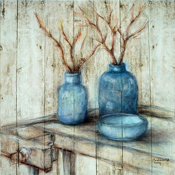 Vases bleus. Dessin à la main Japandi par Ineke de Rijk