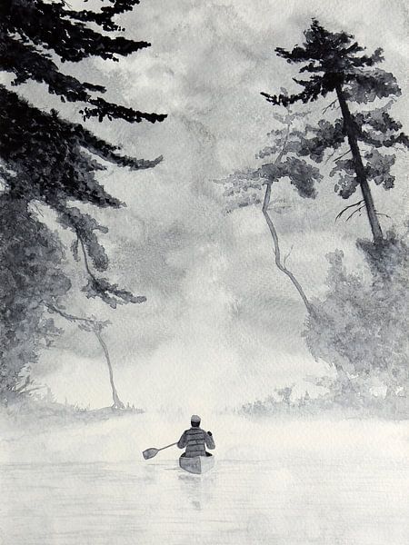Faire face à l'aventure (aquarelle noir et blanc paysage canoë nature mancave gris voile homme ) par Natalie Bruns