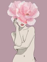 Impression d'art floral rose poudré - Dessin au trait féminin, femme à tête de pivoine,