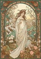 Femme dans un jardin luxuriant, style Alphonse Mucha