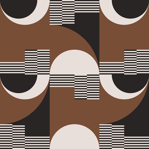Cercles rétro, rayures en marron, blanc, noir. Art géométrique abstrait moderne n° 5 par Dina Dankers