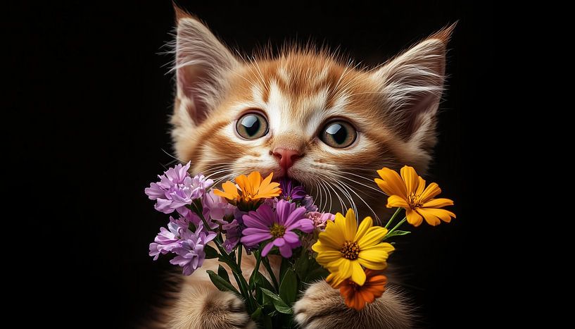 Orange Katze bunte Blumen Panorama von TheXclusive Art