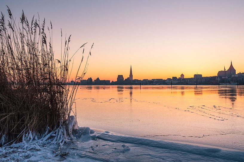 Blick über die Warnow auf Rostock im Winter van Rico Ködder