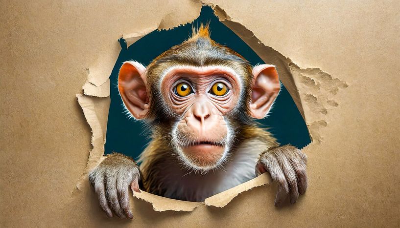 Affe schaut in ein zerrissenes Loch auf der Papierseite, isoliert von Animaflora PicsStock