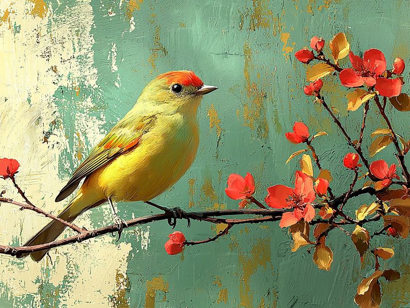 Oiseau sur une branche fleurie par Bianca Bakkenist