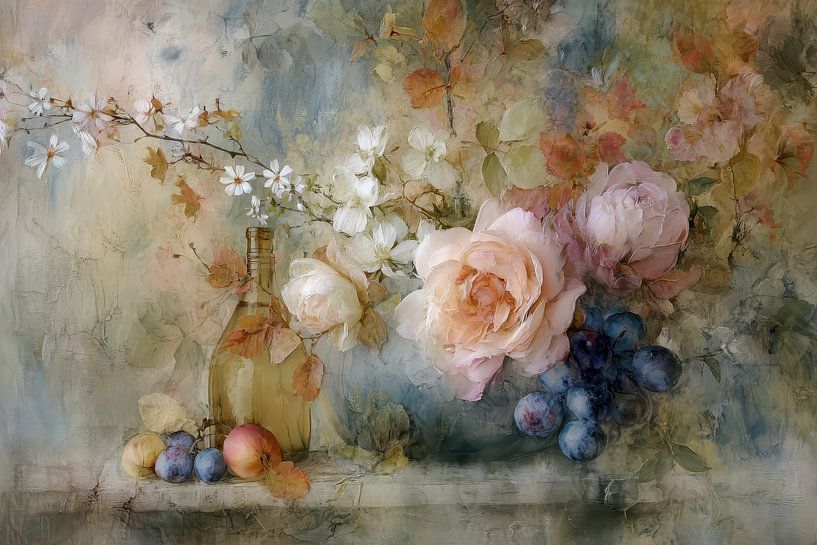 Romantische Stillleben, Blumen, Früchte und Flaschen, Impressionismus von Joriali Fotografie und Gemälde
