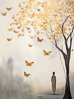 Japandi, Frau und Schmetterlinge in Gold