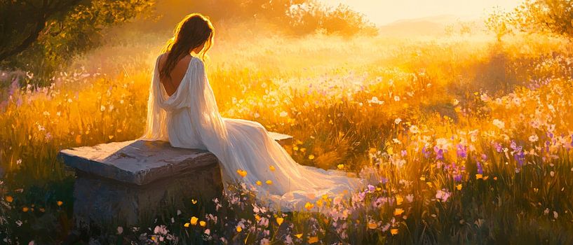 Woman in the sunset on a meadow by Poster Art Shop