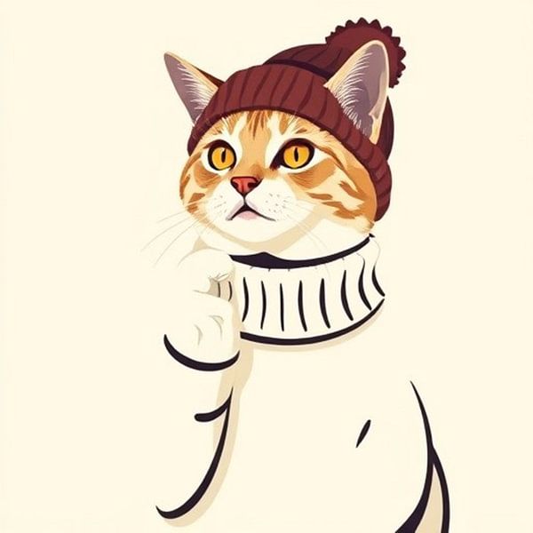 Eine rote Katze mit Pullover und Hut in Linienzeichnung. von J.a Dijkstra