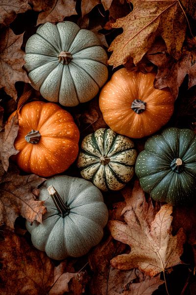 Kürbisse im Laub von Poster Art Shop