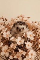 Hedgehog between light-coloured peach blossoms