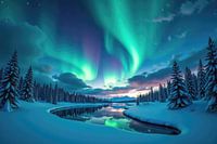 Aurora borealis illuminating snowy landscape with frozen lake an