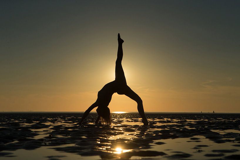 Nu Artistique sur les vasières au coucher du soleil dans le pont pose par Arjan Groot