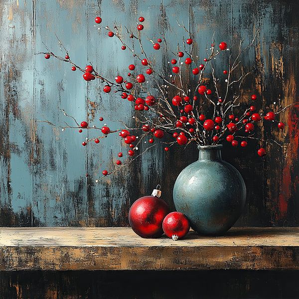 Noël rouge avec vase bleu par Caprices d'Art