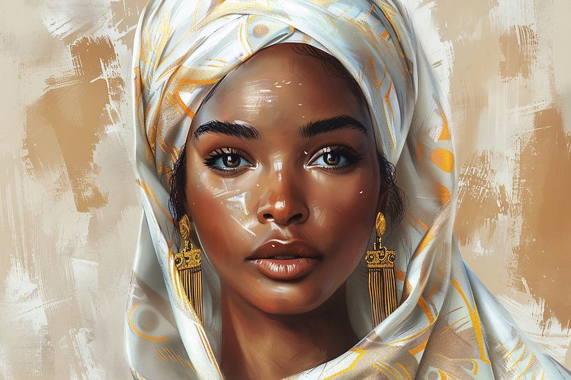 Elegante Frau mit goldenem Kopftuch von Art & Soul Creations