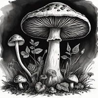 Illustration de champignon mystique - œuvre d'art en noir et blanc à l'aspect aquarelle