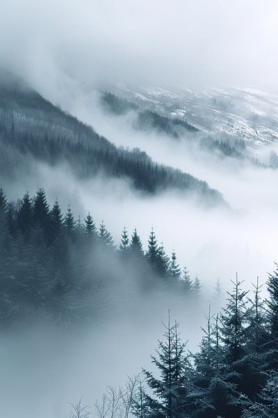 Monochrome Berglandschaft im Nebel von Art & Soul Creations