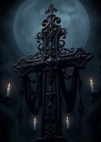 Verzierte schwarze Kreuzskulptur im Mondlicht