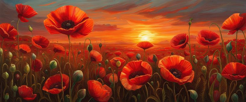 Coquelicots Prairie Coucher de soleil Panorama par Creavasis
