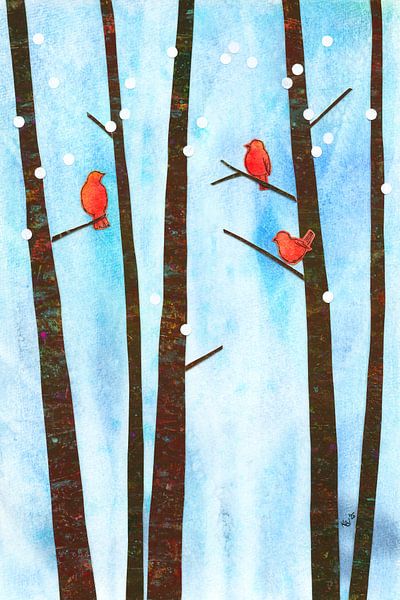 Vögel in einem Winterwald Papiercollage von Karen Kaspar