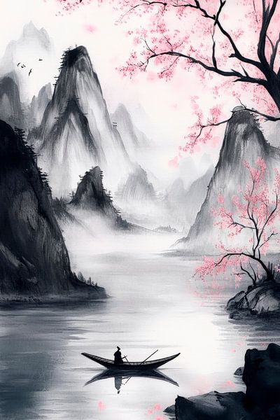 Rustige boottocht in een berglandschap van Poster Art Shop