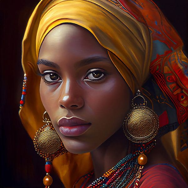 Portrait colourful golden woman by Bianca ter Riet