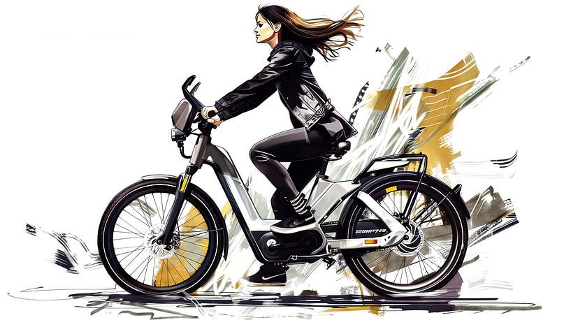 Young woman on e-bike in front of abstract background by Frank Heinz