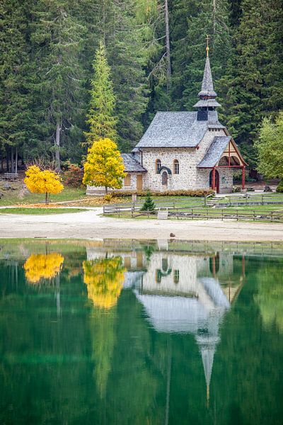 Small chapel at Lake Braies in autumn, South Tyrol by Christian Müringer