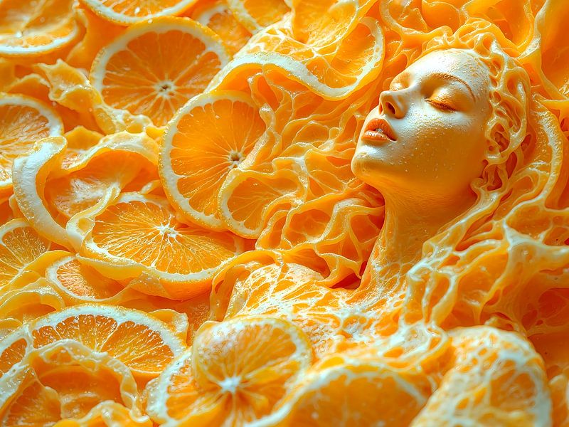 Portrait of woman amid oranges by Basahen