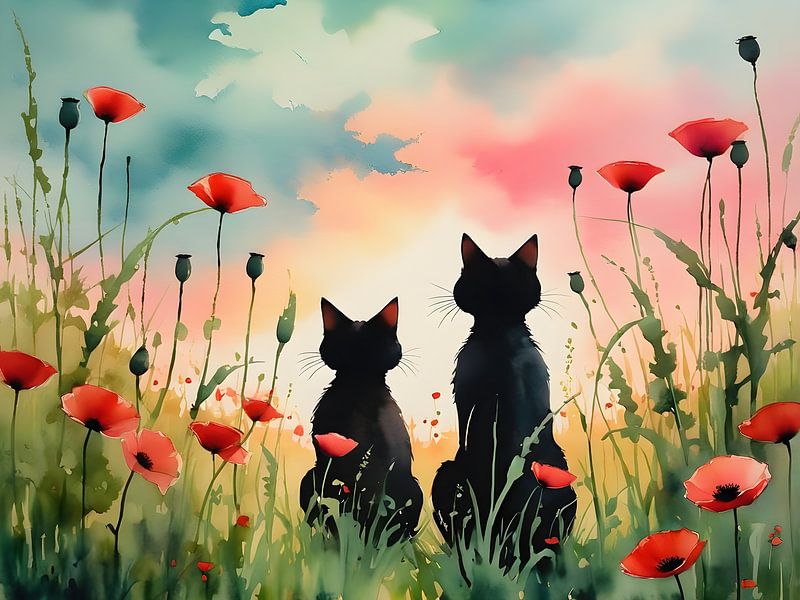 Deux chats dans un rêve de coquelicots par Bart Veeken