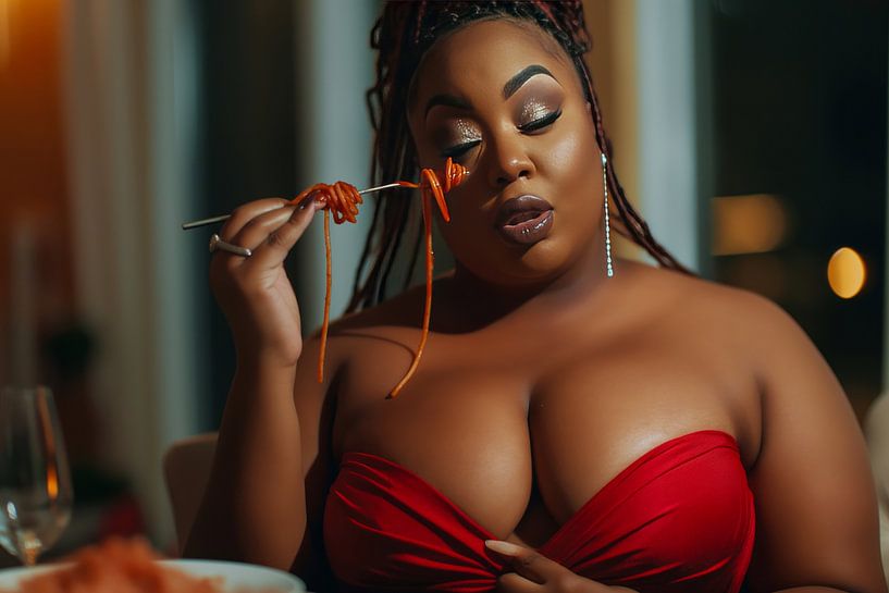 woman eats spaghetti by Egon Zitter