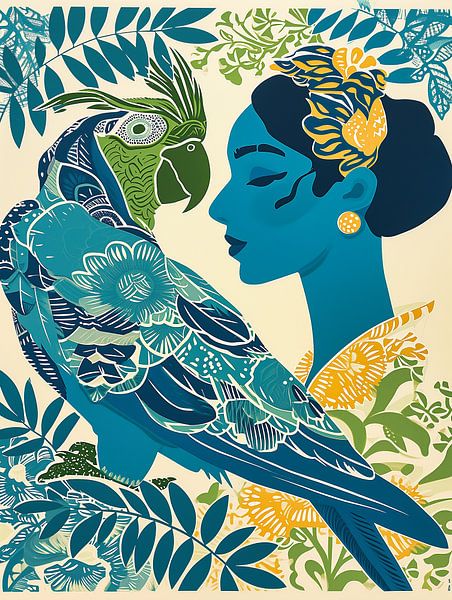 Blue woman with parrot | AI Litho Print by Frank Daske | Foto & Design