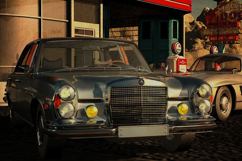 Mercedes 300SL 6.3 with vintage petrol station by Jan Keteleer