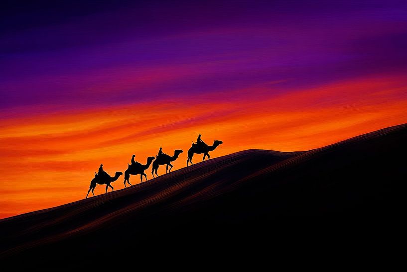 Promenade à dos de chameau au coucher du soleil - Paysage désertique par Poster Art Shop
