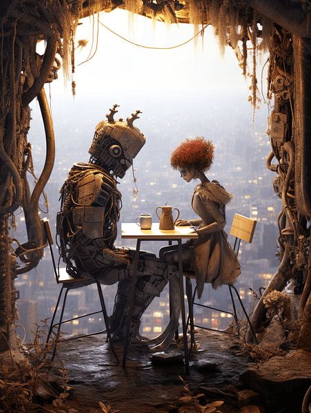 Surreal couple robots chatting sitting on balcony by gm_designs