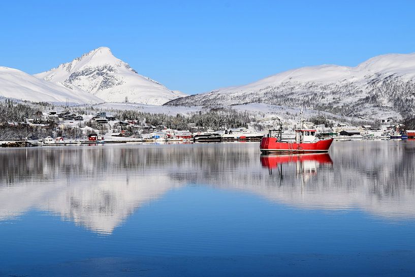 Bateau rouge et montagnes enneigées se reflétant dans l'eau par Studio LE-gals