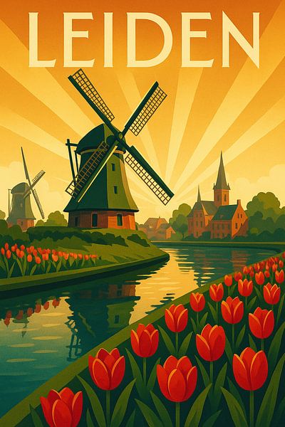 Leiden Art Deco Travel Poster - Windmühle und Tulpe Wandkunst von Travel Shop