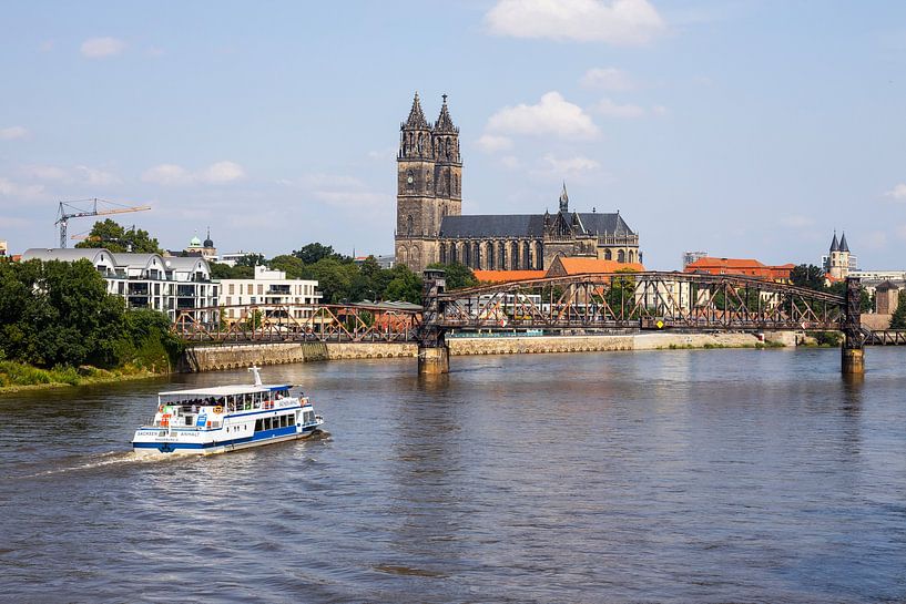 Magdeburg on the Elbe with tourist ship by Frank Herrmann