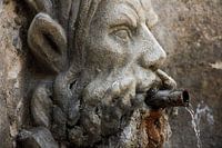 Gargouille sculptée dans la pierre avec un tuyau en cuivre dans la bouche où l'eau sort.