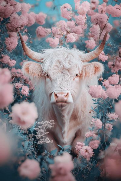 Gentle Force Highlander in Flower Field by Eva Lee