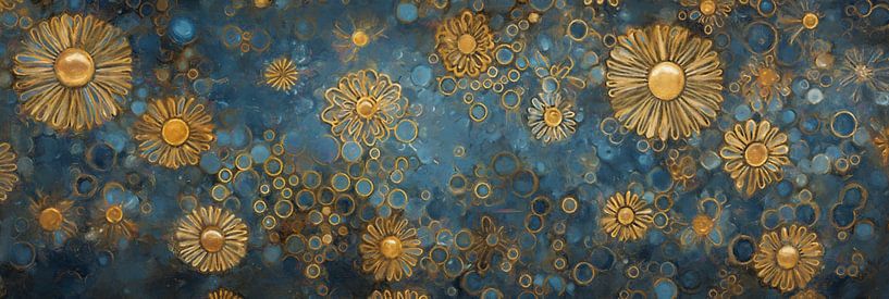 Fleurs dorées sur fond bleu par Whale & Sons