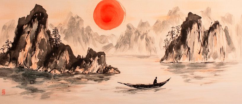 Tranquil landscape with boat and sun by Poster Art Shop