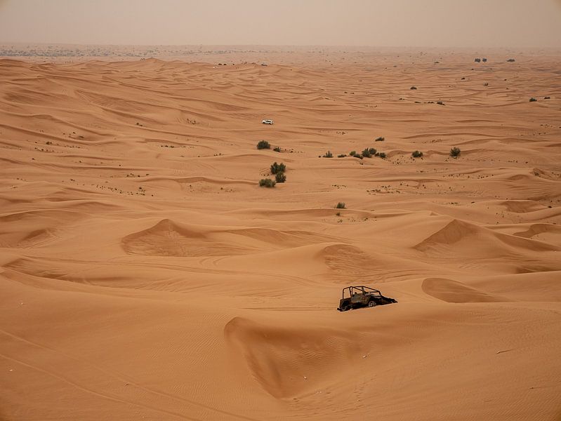 Jeep and car wreck in Dubai desert by Moniek van Rijbroek