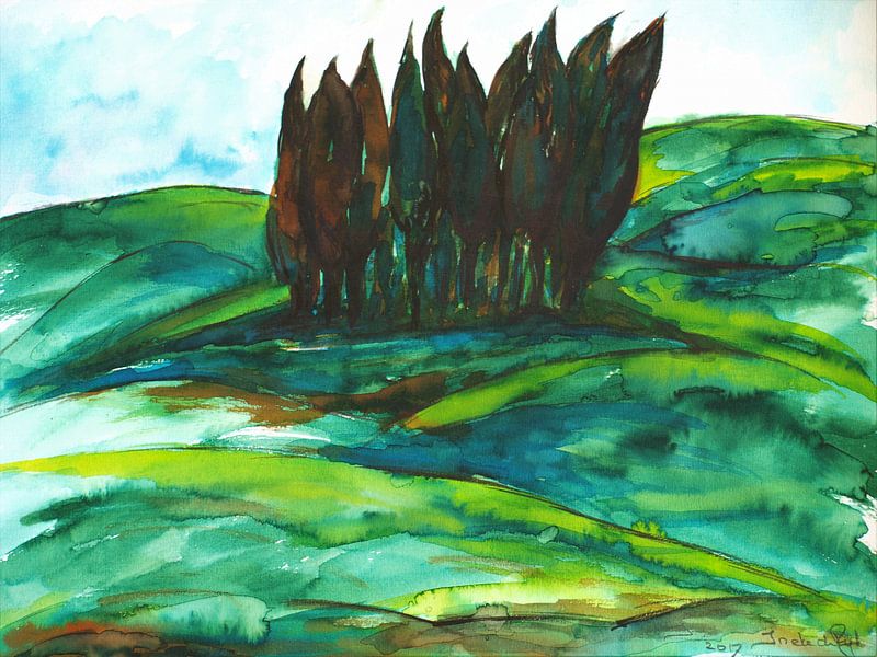 Paysage toscan avec cyprès peint à l'aquarelle par Ineke de Rijk