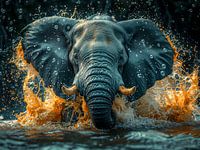 Majestätischer Elefant stürmt durch ein Wasserloch