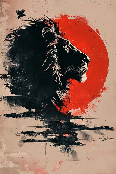 Silhouette eines stolzen Löwen bei Sonnenuntergang von Art & Soul Creations