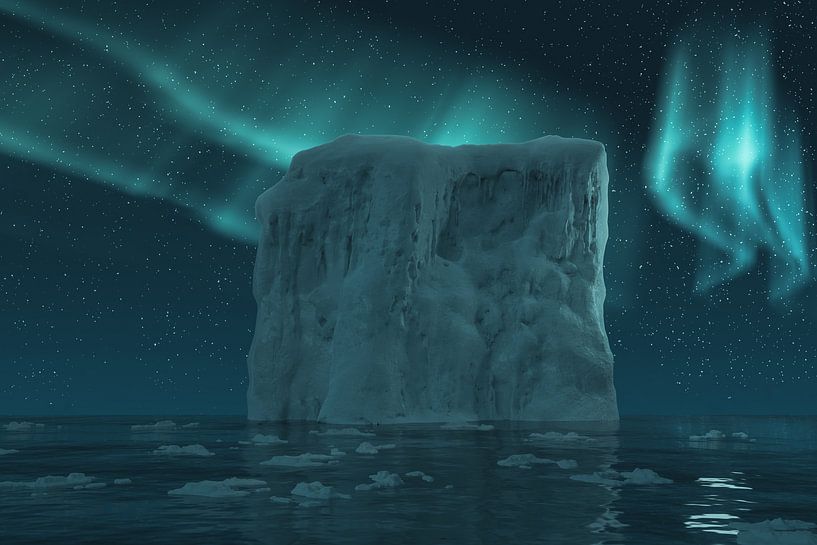 Un iceberg géant entouré de plaques de glace est illuminé par des aurores boréales par Besa Art