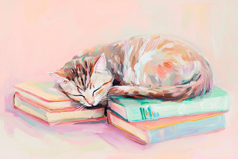 Schlafende Katze auf Büchern von Poster Art Shop