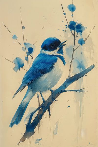 Drawing, Chinese ink, watercolour, bird, blue tit by Peter Pen Drawings and Paintings